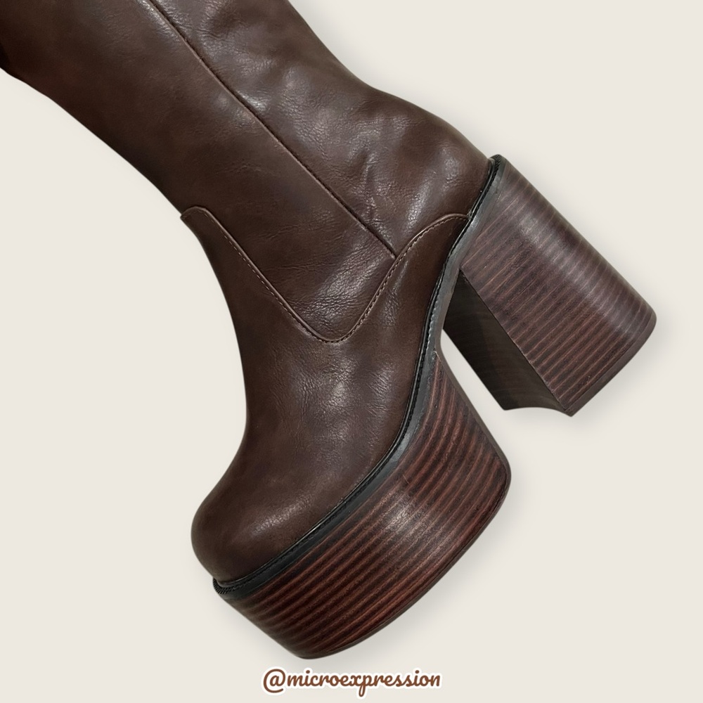 Free People Chunky Bratz Doll Chocolate Brown Leather Knee-High Platform Boots - Picture 14 of 16